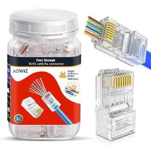 RJ45 Cat6 Cat6a Connector Pass Through 23AWG 100-PACK Gold Plated 8P8C Ethernet Ends for Unshielded Twisted Pair Solid Wire & Standard Cables RJ45 Cat6 Cat6a Connector Pass Through 23AWG 100-PACK Gold Plated 8P8C Ethernet Ends for Unshielded Twisted Pair Solid Wire & Standard Cables