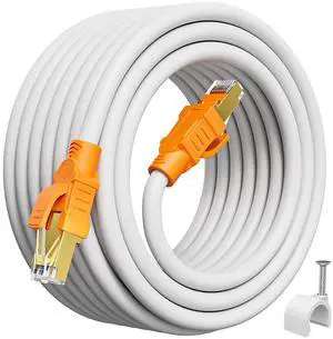 Cat 8 Ethernet Cable 30ft Shielded, Indoor&Outdoor, Heavy Duty High Speed Direct Burial 26AWG Network Cable, 40Gbps 2000Mhz, Weatherproof Solid Copper RJ45 Internet Cable for Router, 10 Clips-White