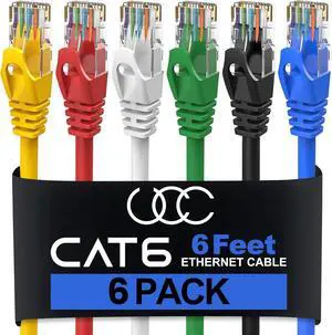 Cat6 Ethernet Cable 6 Feet (6 Pack) LAN, utp Cat 6, RJ45, Network Cord, Patch, Internet Cable- 6 ft