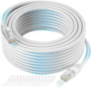Cat 6 Ethernet Cable 75 FT, Long High Speed Cat6 Internet Cable, White Snagless Patch Cord, Flexible, Network, LAN, PoE, Standard RJ45 Connector for PC, Server, Router, Modem, TV, PS5 - with 15 Ties