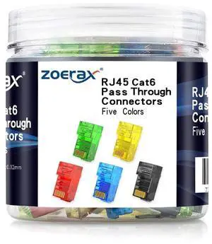 100-Pack RJ45 Cat6 Pass Through Connector, Assorted Colors, RJ45 Modular Plugs for Solid or Stranded UTP Cable