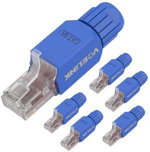 VCELINK RJ45 Connector Tool-Free, CAT6A Field Termination Plug, Gold Plated Modular Plug, UTP CAT6A Connector Toolless for 23 to 26 AWG Network Cable, 6 Pack, Blue
