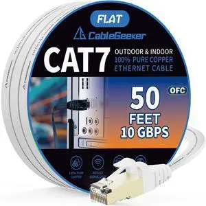 Cat 7 Shielded Ethernet Patch Cable 50 ft White (Highest Speed Cable) Cat7 Flat Internet Network Cables with Snagless RJ45 Connector for Modem, Router, LAN, Computer + Free Clips and Straps
