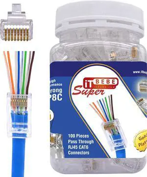 ITBEBE 100-Pack RJ45 Cat6 Pass Through Connectors - High Performance Ethernet Connector for 24 AWG Cable (8P8C / Cat 6 Ends / RJ45 Ends) ITBEBE 100-Pack RJ45 Cat6 Pass Through Connectors - High Performance Ethernet Connector for 24 AWG Cable (8P8C / Cat 6 Ends / RJ45 Ends)