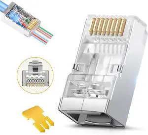 Shielded RJ45 Cat6 Cat 6A Connectors - Pass Through Connector Gold Plated 3 Prong 8P8C Modular Plugs for FTP/STP Stranded Ethernet Cable & Solid Wire - 50 Pcs/Jar