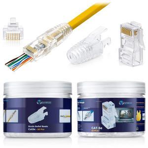 Everest Media Solutions RJ45 Cat5e Pass Through Connectors and Strain Relief Boots - Pack of 50/50 | EZ to Crimp Modular Plug for Solid or Stranded UTP Network Cable