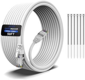 50FT Cat6 Ethernet Cable, Cat 6 Patch Cable, Cat6 Internet Cable, UTP Network Cable, Indoor and Outdoor, PoE, 24AWG CCA, Compatible for PC, Laptop, Router, Switch, Server, with 25 Cable Ties - White