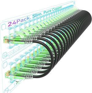 Cat6a Patch Cables Slim 1ft (24 Pack), Flexible Ethernet Cable 10G 550MHZ, 28AWG Pure Copper Cat6 for Network Cabinet, Cat 6 Black