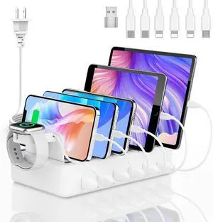 Charging Station for Multiple Devices, 6 Port 50W Fast Multi Charger Station Charging Dock with 6 Mixed Charging Cables for iPhone, iPad, Kindle, Tablet, Cellphone and Others