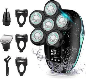 Head Shaver, Upgrade 6 in 1 Electric Head Shaver for Bald Men, IPX7 Waterproof Cordless Rotary Razor with LED Display, Face Head Shaver with Nose Hair Sideburns Trimmer