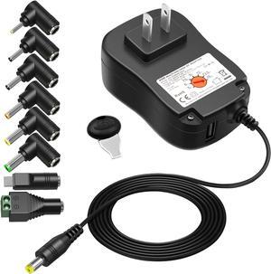 Powseed 45W Universal AC Adapter with 5V 2A USB Port 5V 6V 7.5V 9V 12V 13.5V 15V 3A 2A 1A DC Power Supply Cord with 8 Tips Micro USB 5.5x2.1mm 5.5x2.5mm for Speaker Webcam LED Strip Lights