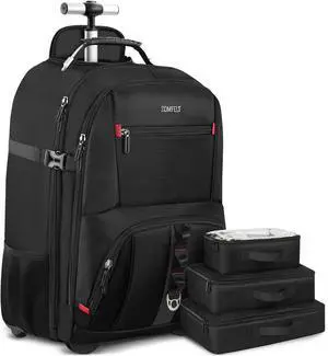ZOMFELT Rolling Backpack, Travel Backpack with Wheels, Carry on Backpacks with 3 Packing Cubes, 17.3 Inch Wheeled Laptop Backpack for Men Women Adults to Travel Work Business Black