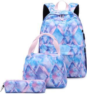 Kids Backpack For Girls Teen,3Pcs Set Cute elementary school Bag, 15.6in Laptop Daypack Bookbags With USB Charging Port(Blue)