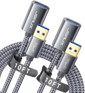 JSAUX 2Pack 10FT+10FT USB 3.0 Extension Cable, Type A Male to Female USB Extender Cord Nylon Braided Compatible with Webcam, Camera, Phone, USB hub, Mouse, Keyboard, Printer, Hard Drive, Xbox-Grey