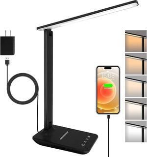 LED Desk Lamp for Office Home, Bright Desk Light with USB Charging Port, Adjustable Dimmable Desk Lamps 5 Modes 5 Brightness, Touch Study Lamp for Nail, Craft, Puzzle, Sewing, Study, Black