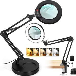 10X Magnifying Glass with Light and Stand, 2-in-1 Desk Lamp & Clamp Light, Seylae 5 Color Modes, Brightness Stepless Dimmable LED Lighted Magnifier Hands Free, Magnifier Lamp for Close Work, Reading