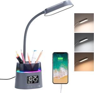 WILIT LED Desk Lamp for College Dorm Room Essentials, Students Study Lamp with Charging Station, Pen Holder, Clock & RGB Night Light, Office Desk Accessories, Table Lamp for Bedroom - Gray