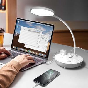 Small LED Desk Lamp with 2 USB Ports and 2 Outlets Task Lamp Flexible Gooseneck Table Lamp 3 Brightness Modes Adjustable Eye-Care Reading Light 6.67 Feet Extension Cord for Home Bedside and Office