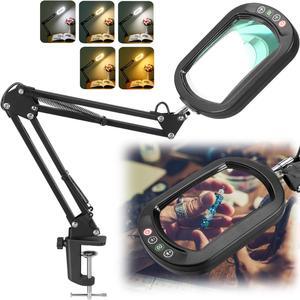 10X Rectangle Magnifying Glass with Light, 5 Color Modes Stepless Dimmable Magnifier with Stand, LED Lighted Clamp Desk Lamp with Swing Arm, Hands Free for Reading Painting Crafts Close Work