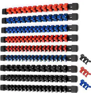ALOANES 9PC ABS Socket Organizer, 1/2 inch, 3/8 inch and 1/4 inch Drive Socket Rail Holders, Heavy Duty Socket Racks, Black Rails with Red Blue Black Clips
