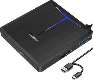 Guamar External CD/DVD Drive for Laptop, USB 3.0 USB-C DVD Player CD Burner with 2 USB Ports SD TF Slot, Portable CD DVD ROM Drive Disk Reader Writer for PC Mac MacBook Windows 11 Linux