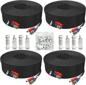 BNC Cable 200ft 4 Pack Aimyzii BNC Video Power Cable,Security Camera Cable for CCTV Camera DVR Security Systems(Included 8X BNC Adapters,100 Pcs Cable Clips)-Black