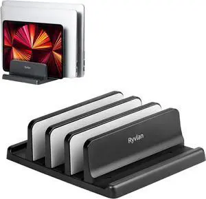 Vertical Laptop Stand, 3 Slot Adjustable Laptop Storage Rack and Desk Organizer, Silicone-Padded Holder for Multiple Devices Storage, Compatible Stand for Tablets and Devices up to 17 Inches