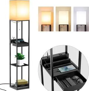 Shelf Floor Lamps for Living Room,Tall Standing Lamp with Shelves and Drawer,2 USB Charging Ports & 2 Power Outlet,Bright 3CCT LED Bulb Included - Black