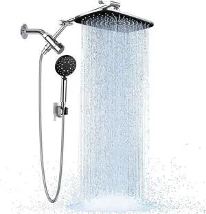 Wide Rain Shower Head with 6 Modes Handheld Water Spray High Pressure Showerhead Combo with Arm for Bathroom Accessories Home Decor Detachable Dual Shower with Anti-Clog Nozzles Silver Chrome