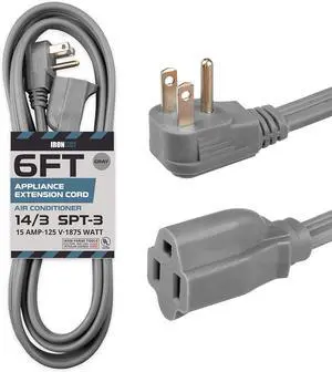 Iron Forge Cable 6 ft Appliance Extension Cord Gray 14/3 Heavy Duty - Flat Plug & Flat Cable 15 Amp 3 Prong SPT-3 for Major Home Appliances, 14 AWG