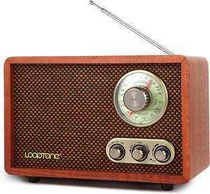 LoopTone USB SD Multifunction AM FM Vintage Radio with Bluetooth Speaker,Retro Wood Table Radio for Kitchen Living Room with Rotary Knob Brown
