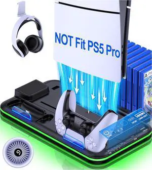 PS5 Slim Stand and Turbo Cooling Station with Controller Charging Station for Playsation 5, PS5 Accessories Kits Incl. 3 Levels Cooling Fan, LED, 15 Game Slot, Headset Holder for P5 Digital/Disc