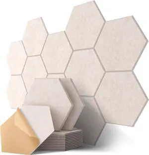 Hexagon Acoustic Panels, Kuchoow Soundproof Wall Panels Self-Adhesive, 12 Pack High Density Sound Absorbing Panels, 12"X10"X0.4" Acoustic Treatment for Recording Studio Office Home, Beige