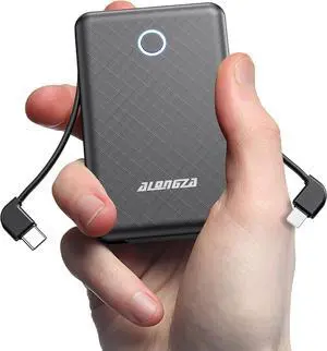 Alongza Portable Charger Small Size Built in Cable 6000mAh Power Bank, External Battery Pack Lightweight Backup Charger, Ultra Slim Battery Backup Charger for Cell Phones