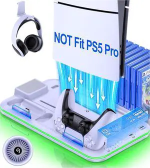 PS5 Stand and Cooling Station with Controller Charging Station for PS5 Slim, PS5 Accessories Incl. 3 Levels Cooling Fan, LED Light, 15 Game Storage, Headset Holder for Playsation 5 Digital/Disc, White