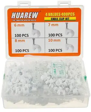 4 Sizes 400 Pcs White Plastic Steel Nail Cable Clips Apply to RG6 RG59 CAT5 CAT6 Ethernet/TV Wire/Telephone/Led Starlight/Print Cable Round Management Cable Wire Clips 6/7/8/10 mm