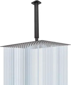 NearMoon Rain Shower Head With Shower Arm, Ceiling Mount Square Shower, Stainless Steel Ceiling Rainfall Showerhead- Waterfall Full Body Coverage (16 Inch, Matte Black)
