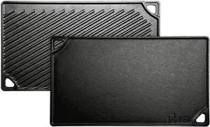 Reversible Cast Iron Grill/Griddle C 9.5 x 16.75 Inch Pre-Seasoned Cooking Surface C Flat & Ribbed Sides C Use on Stove Grill or Campfire C Made in the USA C Heavy-Duty Black