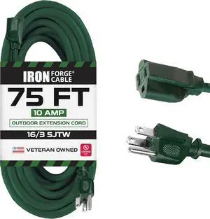 Iron Forge Cable Weatherproof 75 Ft Outdoor Extension Cord - 16/3 SJTW Heavy Duty Green Extension Cord 3 Prong - 10 Amp Exterior Power Cable