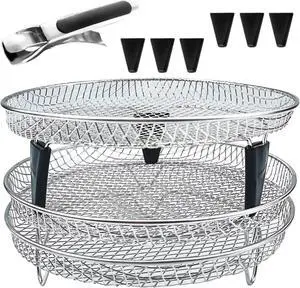 Upgrade Air Fryer Rack, Three Stackable Dehydrator Racks with spare clip and silicone feet,Stainless Steel Air Fryer Accessories Round Air Fryer Rack (Round)