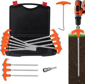 8" Tent Stakes Heavy Duty 12 Pack, Screw in Tent Stakes, Metal Threaded Camping Stakes, Ground Anchors for Canopies, Gardening and Inflatable Decor, with Hex Socket, Stake Puller and Storage Box