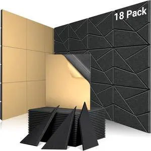 Soundproof Wall Panels 18 Pack, Decorative Acoustic Panels with Noise Reduction, Self-Adhesive & Easy to Cut for Room, Studio, Apartment, Home Theater, Gaming Room (12"x12"x0.4", Black)