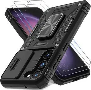 DEERLAMN Case for Samsung Galaxy S23 with Slide Camera Cover+Screen Protector(2 Packs), Rotated Ring Kickstand Military Grade Shockproof Protective Cover-Black