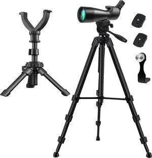 Spotting Scope Tripod, Shooting Tripod and Compact Shooting Stand Rest Hunting V Yoke, with Binoculars Adapter and Removable 360° Rotate Fluid Head, Perfect for Binoculars, Spotting Scope, Shooting