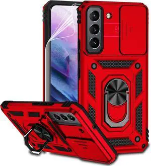 for Samsung Galaxy S22 Case with Camera Lens Cover HD Screen Protector, Dual Layer Military-Grade Drop Tested Magnetic Ring Holder Kickstand Protective Phone Case for Samsung Galaxy S22 5G (Red)