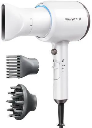 Wavytalk Hair Dryer, Blown Away Ionic Hair Dryer for Curly Hair with Diffuser, 1875W Fast Drying Blow Dryer with Ceramic Technology, 3 Attachments for All Hair Types, Light and Quiet, White