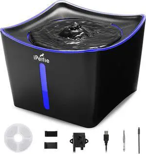 iPettie Kamino Cat Water Fountain, 101oz/3L, Ultra-Quiet Filtered Water Purifier, Automatic Waterer Dispenser with LED & Water Level Window, Auto Power Off USB Pump & Dual Filters for Pets, Black
