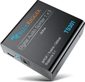 BlueRigger Digital Optical Audio Splitter (Active Toslink Splitter 1 in 3 Out, SPDIF, Fiber Optic Adapter) - Compatible with Home Theatre, Xbox, PS4, DVD, Receiver, TV, LPCM2.0, DTS, Dolby Digital