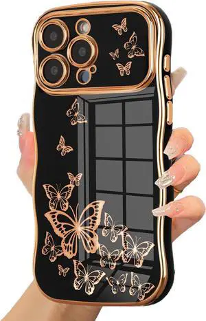 ZTOFERA for iPhone 13 Pro Max Case for Girl Women, Cute Curly Wave Frame with Luxury Plating Butterfly Pattern, Soft TPU Shockproof Raised Lens Protection Phone Case for iPhone 13 Pro Max, Black