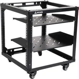 AEONS 10U Open Frame Network Server Rack 19-inch 4 Post AV Rack with Casters for Floor Standing and Wall Mount, Side Load for Extra Depth Complete Kit with 1U and 2U Vented Shelves, Black